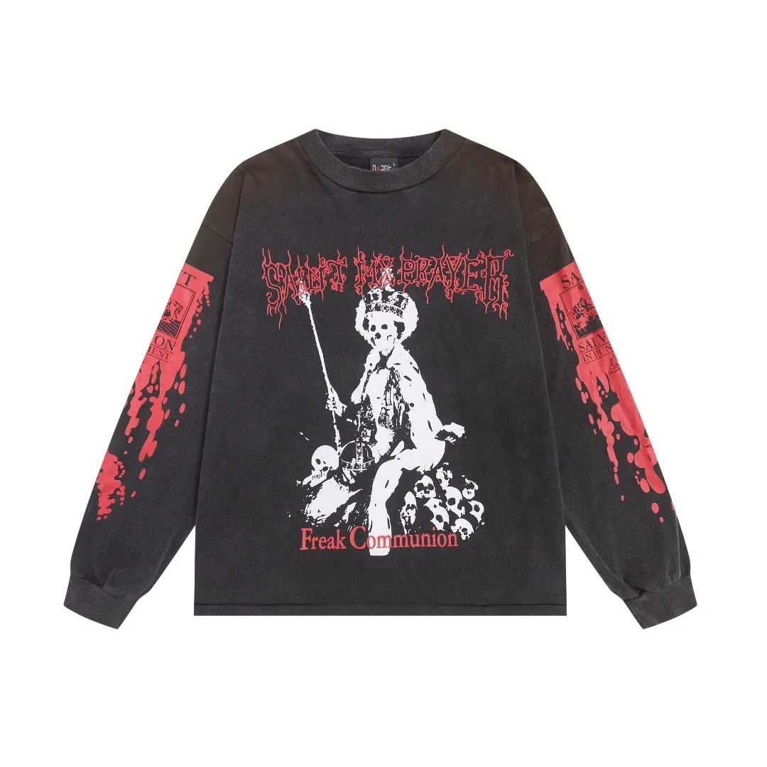 SAINT MICHAEL Retro Skull Throne Print Washed Distressed Bottoming Shirt Casual Loose Long Sleeve T-shirt Fabric: 260g Style Number: SM656 Size: S-M-L-XL Color: Black Price: P156